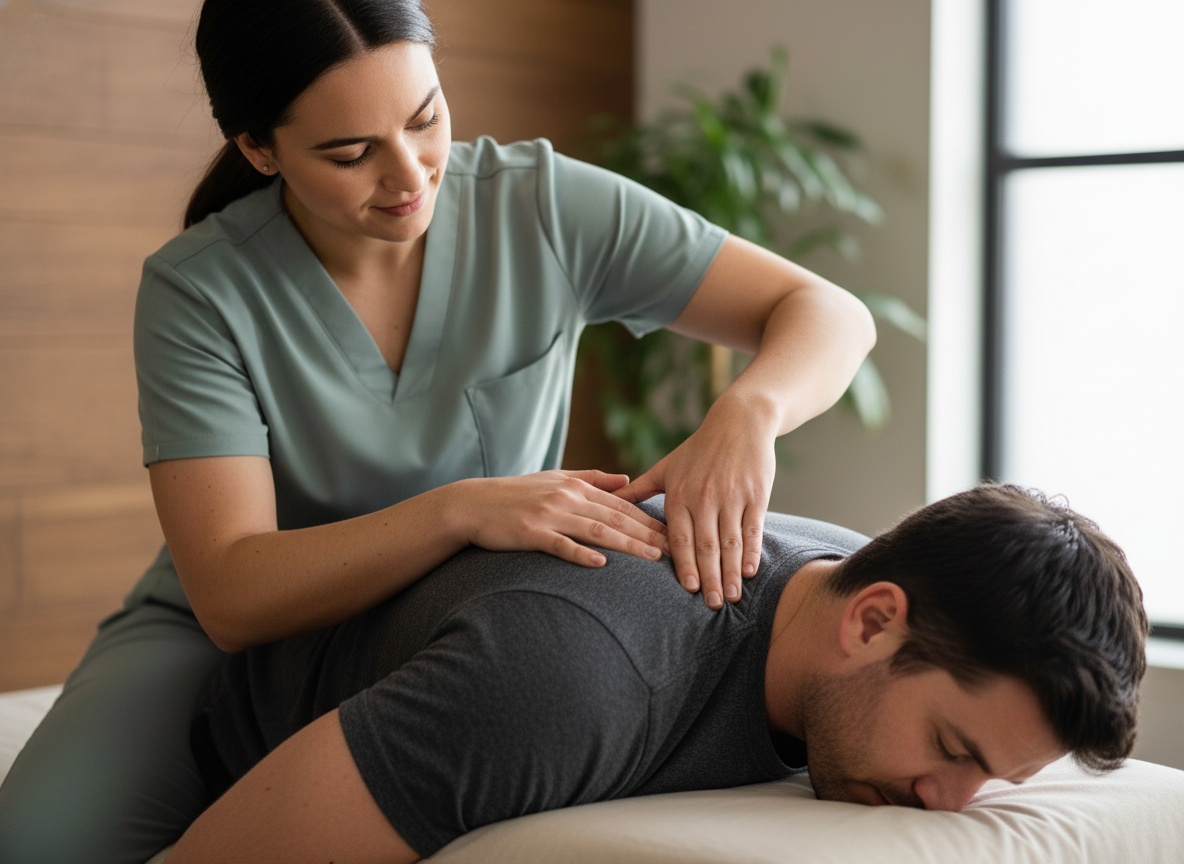 Chiropractor gently interacting with a patient in a clinic setting