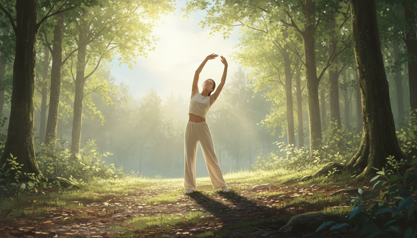 Person in a serene natural environment performing a gentle stretch